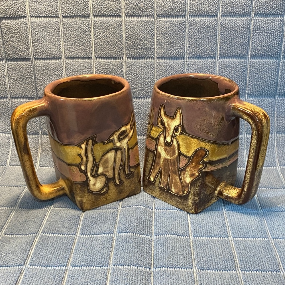 Artisan Stoneware Mugs - Design by Mara Mexico. 10oz Wolves/ Cactus